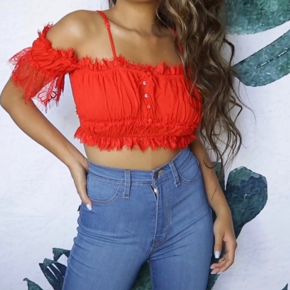 Red off the shoulder crop top